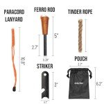 Fire Starter Survival Tool, Ferro Rod Kit with Striker, Paracord Wrist Lanyard, Wood Handle, Tinder Wick, Pouch, Waterproof Flint and Steel Fire Starter for Camping, Hiking and Backpacking Gear
