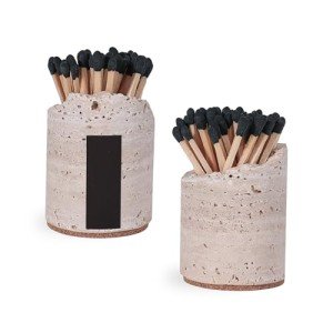 Match Holder with Striker - Set of 2 - Handmade Travertine Match Box for All Matches - Matches in a jar for Bathroom Candle - Cute Home Decor - Matches Not Included