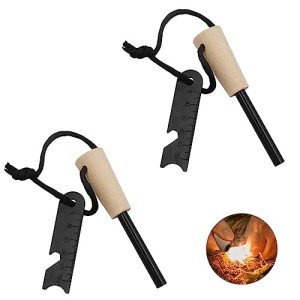LAIYOHO 2-Pack Portable Outdoor Magnesium Fire Starter Kit with Handcrafted Wooden Handle - Reusable Camping Fire Igniter Stick for Outdoor Camping, Hiking, and Survival