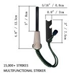 Fire Starter Survival Kit, Larger Ferro Rod with Striker Lanyard 3in Long Flint and Steel, 13.8in Wick Hemp Cord, Multifunctional Bag (Green)