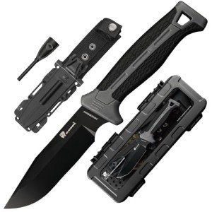 HX OUTDOORS Extra Sharp Bushcraft Knife with Fire Starter, Premium D2 Steel Fixed Blade Survival Camping Knife with Plastic Sheath for Outdoor, Hiking, Backpacking(Black)