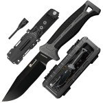 HX OUTDOORS Extra Sharp Bushcraft Knife with Fire Starter, Premium D2 Steel Fixed Blade Survival Camping Knife with Plastic Sheath for Outdoor, Hiking, Backpacking(Black)