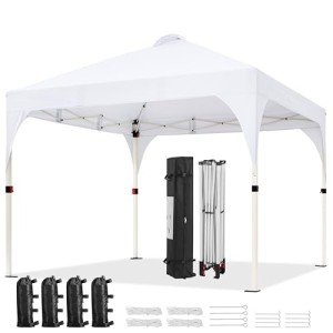 Yaheetech 10x10 Pop Up Canopy Tent with Vent, Easy Set Up Tent, Instant Sun Shelter Canopy with Wheeled Bag, 4 Sandbags, 12 Stakes & 4 Ropes, for Parties, Beach, Outdoor, White