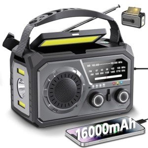 Emergency Radio Solar Crank Battery - 16000mAh/59200mWh Portable Survival Weather Radio AM FM NOAA Powered Phone Charger with LED Flashlight, Reading Lamp, SOS Alarm, Headphone Jack, Grey