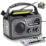 Emergency Radio Solar Crank Battery - 16000mAh/59200mWh Portable Survival Weather Radio AM FM NOAA Powered Phone Charger with LED Flashlight, Reading Lamp, SOS Alarm, Headphone Jack, Grey
