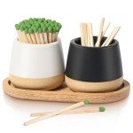FreeJac Set of 2 Ceramic Match Holder with Striker - Match Container With Wooden Tray Matchstick Holder for Kitchen Bathroom Candle Parlor Modern Home Decor - MATCHES NOT INCLUDED