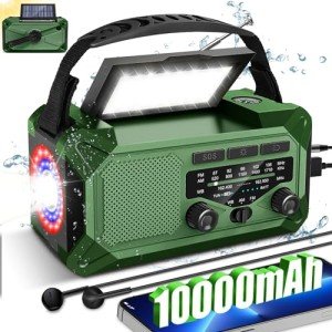 10000mAh Emergency Weather Radio with Solar Charging, Hand Crank Solar Portable AM/FM/NOAA Radio LED Flashlight Reading Lamp Compass Phone Charger SOS Alarm for Outdoor Camping