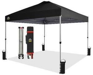 CROWN SHADES 10x10 Pop Up Canopy - Beach Tent with One Push Setup - Easy Outdoor Sun Shade for Events, Parties, Camping - Gazebo with STO-N-Go Cover Bag, Silver Coated Top, Black