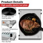 CUSIMAX Electric Hot Plate 1500W Single Burner Cast Iron Hot Plates for cooking Portable Stove Electric Burner with Adjustable Temperature Control Silver Stainless Steel Non-Slip Rubber Feet