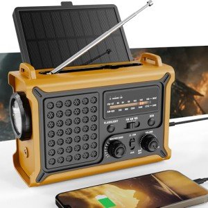 Emergency Weather Radio with Solar & Crank Power – AM/FM/NOAA, LED Flashlight, Reading Light, USB Charging & SOS – Survival Gear for Power Outages & Storms (Yellow)