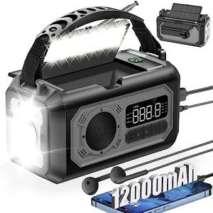 44400mWh/12000mAh Emergency Weather Radio, Hand Crank Radio Solar Radio Portable AM/FM/NOAA Radio with 2 Solar Panels 3 Charging Methods SOS Alarm 3 Mode Flashlight Phone Charger Compass Reading Lamp