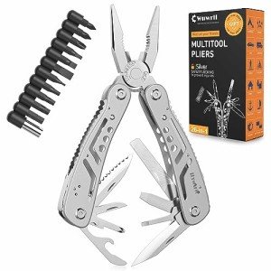 26-in-1 Multitool, Professional Stainless Steel Multi-Tool, Pocket Knife with Heavy Duty Pliers, Screwdriver, Replaceable Bits for Outdoor, (Silver)