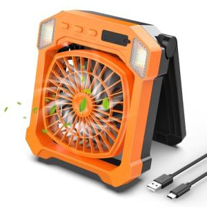 Camping Fan Battery Powered & Solar Powered, Portable Solar Fan 10000mAh Rechargeable Outdoor Fans with Light, Quiet Cordless Fans for Tent, RV, Emergency, Hiking, Power Outage, Desk, Survival Kit