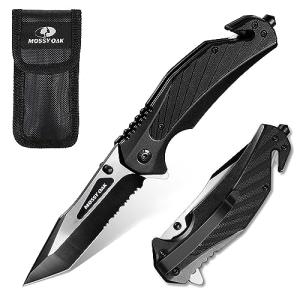 MOSSY OAK Folding Pocket Knife with Aluminium Alloy & G10 Handle, 4.75" Tactical Knife with Tungsten Steel Glass Breaker, Seatbelt Cutter, Belt Clip, Survival Knife for Emergency, Outdoor, Camping