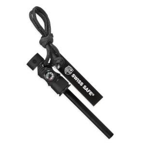 Swiss Safe 5-in-1 Magnesium Ferro Rod Fire Starter Survival Tool - Flint & Steel Striker, Compass, Paracord & Whistle - Emergency Kit for Backpacking, Camping, Hiking - All-Weather - Black, 1-Pack