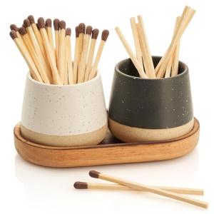 Decorative Ceramic Match Holder with Wooden Tray - Set of 2 Beautiful Matte Holders with Striker are an Upgrade to Any Home Decor - Enhance Your Living Room with Cute Jars - Matches Not Incl.