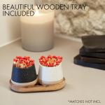 Decorative Ceramic Match Holder with Wooden Tray - Set of 2 Beautiful Matte Holders with Striker are an Upgrade to Any Home Decor - Enhance Your Living Room with Cute Jars - Matches Not Incl.