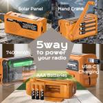 PRUNUS J-366 Emergency Radio- NOAA Weather Alert, 3-in-1 Charging Cables, 5-Way Power(7400mWh/AAA Battery/Hand Crank/Solar/USB-C), AM/FM, SOS Alarm, Flashlight, Compact for Bag, NOAA Weather Radio