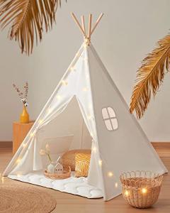 Tiny Land Teepee Tent for Kids – 100% Cotton Play Tent with Padded Mat & Star Lights, Foldable with Carry Bag, Indoor Play Tent for Girls & Boys