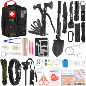 146Pcs Survival First Aid Kit, Car Emergency Trauma Kit with Military Grade Survival Tools, Medical Supplies & Fishing Gear, for Camping, Travel, Earthquake, Gifts for Men & Women Outdoor Adventures