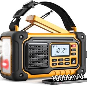 Emergency Weather Radio, AM/FM/SW/NOAA Hand Crank Radio with 37000mWh Portable Large Capacity, USB/Solar/Hand Crank Charging, AAA Battery Operated, SOS Alarm & Flashlight (Yellow)