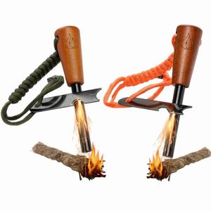 Fire Starter Survival Tool 2-Pack, Ferro Rod Kit with Striker, Paracord Wrist Lanyard, Wood Handle, Tinder Wick, Pouch, Waterproof Flint & Steel Fire Starter for Camping, Hiking and Backpacking Gear