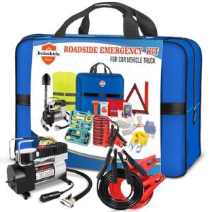 Emergency Car Kit,Roadside Emergency Tool Kit for Vehicle Truck with Air Compressor Jumper Cable First Aid Kit,Winter Auto Road Side Kit Women Men Car Travel Safety Assistance Survival Essentials Kit