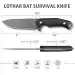 LOTHAR BAT Survival Knife, Full Tang D2 Steel Fixed Blade Knife with G10 Handle, Tactical Hunting Horizontal Carry Knives with Kydex Sheath, Bushcraft Camping Knives, Gifts For Men
