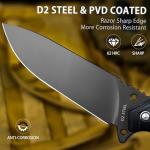 LOTHAR BAT Survival Knife, Full Tang D2 Steel Fixed Blade Knife with G10 Handle, Tactical Hunting Horizontal Carry Knives with Kydex Sheath, Bushcraft Camping Knives, Gifts For Men