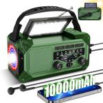 10000mAh Emergency Weather Radio with Solar Charging, Hand Crank Solar Portable AM/FM/NOAA Radio LED Flashlight Reading Lamp Compass Phone Charger SOS Alarm for Outdoor Camping