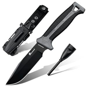 HX OUTDOORS Extra Sharp Bushcraft Knife with Fire Starter, Premium D2 Steel Fixed Blade Survival Camping Knife with Plastic Sheath for Outdoor, Hiking, Backpacking(Black)