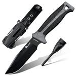 HX OUTDOORS Extra Sharp Bushcraft Knife with Fire Starter, Premium D2 Steel Fixed Blade Survival Camping Knife with Plastic Sheath for Outdoor, Hiking, Backpacking(Black)