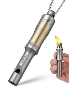 IUMIUN 3-in-1 Fire Starter Survival Tool -Titanium Emergency Whistle, Kerosene Lighter & Mini Pill Holder, IPX8 Water-Resistant, Dust-Resistant, Compact for Hiking, Camping, Rescue(Fuel not Included)