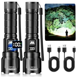 Wdtpro LED Rechargeable Flashlights High Lumens 2Pack, 6000LM Super Bright Flashlight, Zoomable Powerful Camping Flashlights with LCD Digital Display, 3 Modes Waterproof Flash Light for Home Emergency