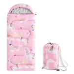 Wake In Cloud - Kids Sleeping Bag for Girls Toddlers, Camping in Warm Cold Weather, Backpacking Lightweight Compact Outdoor Liner for 3 Seasons Summer Spring Fall, Unicorn Rainbow Pink