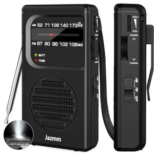 Jazmm Portable Radio AM FM,Battery Operated Radio with 3W Large Speaker,Transistor radios with Best Reception,Pocket with Back Clip,Flashlight,3.5mm Earphone Jack,Tuning Light,Gift for Elder