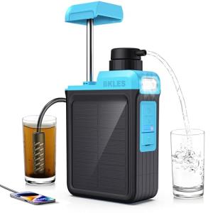 BKLES 3-in-1 Solar Electric Water Filter with Hand Pump - Camping Water Filtration System Survival, Portable Water Purifier with Emergency Light, Survival Kit for Hiking Travel Backpacking Hunting