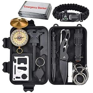 XUANLAN Emergency Survival Kit 13 in 1, Outdoor Survival Gear Tool with Survival Bracelet, Fire Starter, Whistle, Wood Cutter, Water Bottle Clip, Pen (Survival Kit 2)