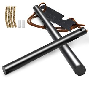 BCHARYA Fire Starter Survival Tool, Ferro Rod Kit with Leather Neck Lanyard and Multi-Tool Striker, Flint and Steel Survival Igniter with Tinder Rope and Tab for Camping, Hiking and Emergency