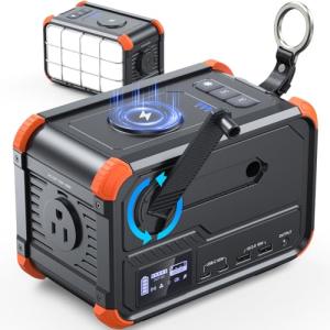 BROWEY Portable Power Station 153Wh Camping Small Solar Generator with Hand Crank 120V 150W AC Outlet Lithium Battery Power Bank, Wireless Charging Emergency Charger for Outdoor Travel Home Backup