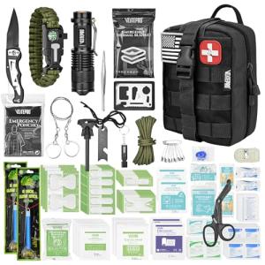 VLITEPRO 242 Piece First Aid & Survival Kit – Molle Pouch IFAK, 1000D Nylon, Color-Coded Compartments, Medical Kit for Camping, Boat, Hunting, Hiking, Home, Car/Home/Earthquake Emergency (Black)