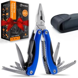 15-in-1 Multitool with Safety Lock, Stainless Steel Pocket Knife & Pliers, Compact EDC Multi Tool, Spring Loaded for Camping, Hiking, Fishing, Outdoors, Survival, Gift for Men, Dad, Husband, Boyfriend