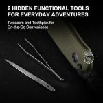 Kizer Drop Bear Fixed Blade Knife, 2.57" Black Stonewash D2 Blade EDC Camping Knife with Olive Green G10 Handle & Hidden Tool, Full Tang Hunting Survival Knives with Adjustable Kydex Sheath, 1094M1