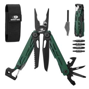 MOSSY OAK CNC-Machined Multitool Pliers, 27-in-1 Multi Tool with Pocket Knife, Fire Starter & Whistle, Bottle Opener, Screwdriver – Self-Locking Survival Tool for Camping & Hiking