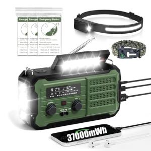 Emergency Radio Hand Crank Solar, 10000mAh/37000mWh Emergency Weather Radio, Hand Crank Solar Radios with NOAA/AM/FM, Rechargeable Headlamp, Thermal Blanket, Survival Bracelet, for Home & Outdoor