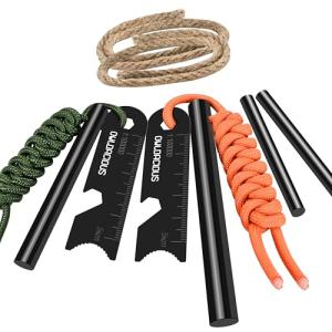Owldacious Fire Starter Survival Kit – 4 Ferro Rods (4", 3.2", 2×2.4"), 2 Strikers, 2 Tinder Wicks (13" Each), and 2 Paracords (40“ Each). Flint and Steel Emergency Tool.