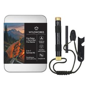 Fire Piston - Ferro Rod - 2 in 1 - Fire Piston Fire Starter Kit - Telescoping Fire Blower - Fire Starters for Campfires - Compression fire Starter Piston - Survival Tool - Camping Gifts for Men