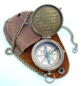 ANTIQUANA Brass Compass Unique Print Go Confidently Quote Compass With Leather Case Antique Brass Compass With Chain A Great Gift Item For Your Loved Ones Hikers And Traveler By