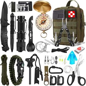 Survival Kit, 32 in 1 Professional Emergency Survival Gear Equipment Tools First Aid Supplies with Molle Pouch Gifts Ideas for Men Families SOS Tactical Hiking Hunting Disaster (Green)