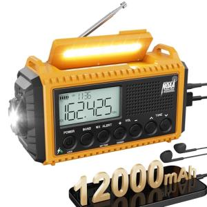 12000mAh/44400mWh Emergency Radio- NOAA Weather Alert Radio with Auto-Scan & SOS Alarm, Solar Hand Crank 6-Way Power, Flashlight, Reading Lamp for Outdoor, Hiking, Emergencies
